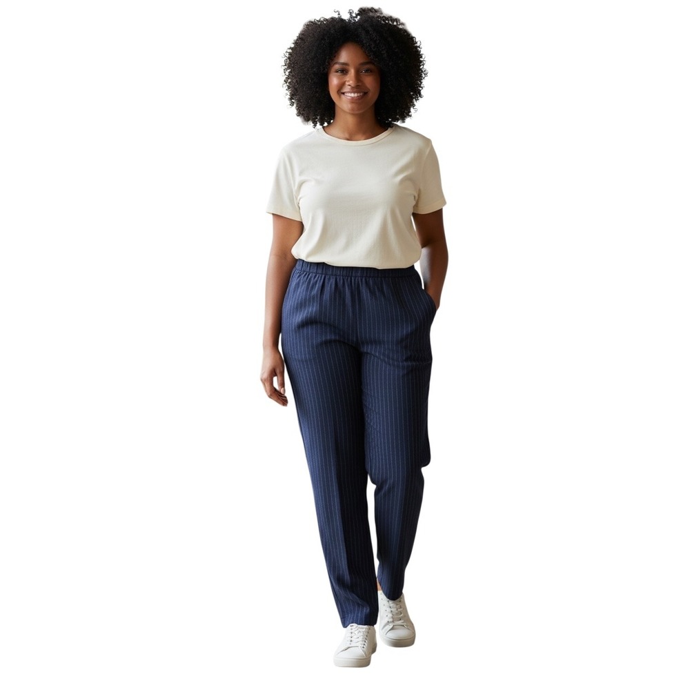 St John Sport Navy Blue Pinstripe Knit Elastic Waist Straight Leg Pants XL